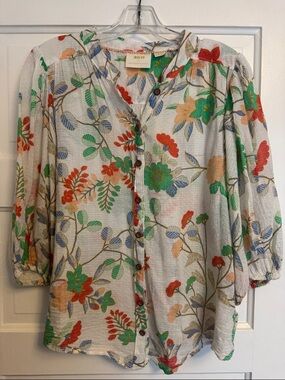 Maeve Cream Floral Button-Down Blouse with Green & Red Accents